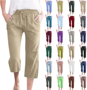 Capris Pants for Women Cotton Linen Loose Straight Wide Leg Drawstring Cropped Trousers Casual Summer Clothing 2025