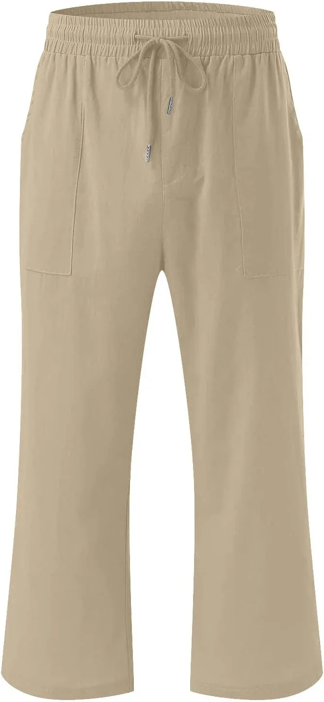 Capris Pants for Women Cotton Linen Loose Straight Wide Leg Drawstring Cropped Trousers Casual Summer Clothing 2025