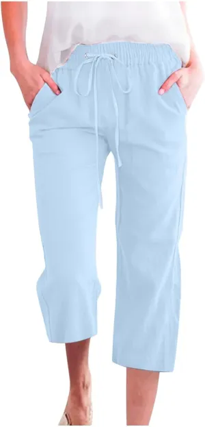 Cargo Capris for Women Casual 2025 Summer Drawstring Elastic High Waist Linen Pant Cropped Comfy Trousers