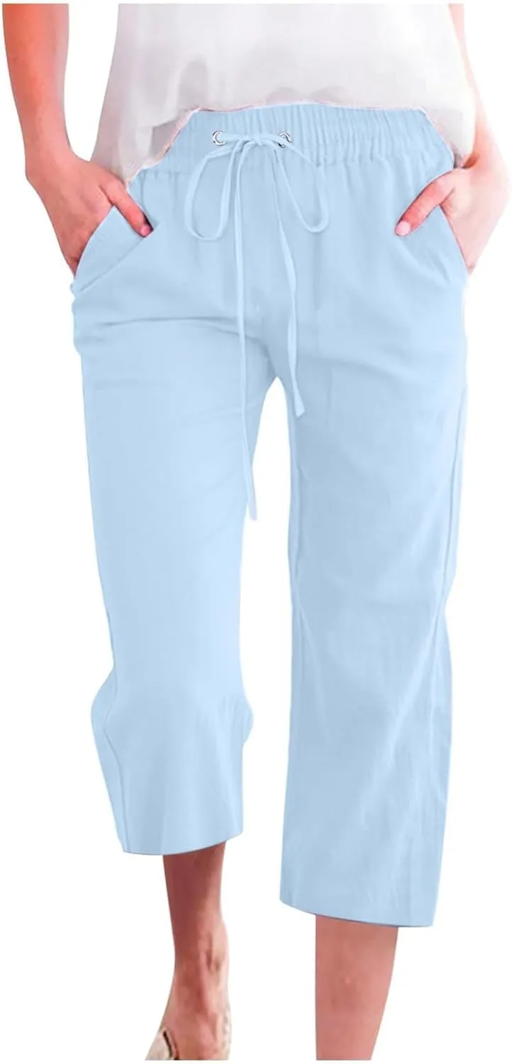 Cargo Capris for Women Casual 2025 Summer Drawstring Elastic High Waist Linen Pant Cropped Comfy Trousers