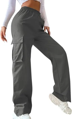 Cargo Pants for Women Elastic High Waist Casual Hiking Pants Wide Leg Baggy Stretchy Y2K Work Trousers with Pockets