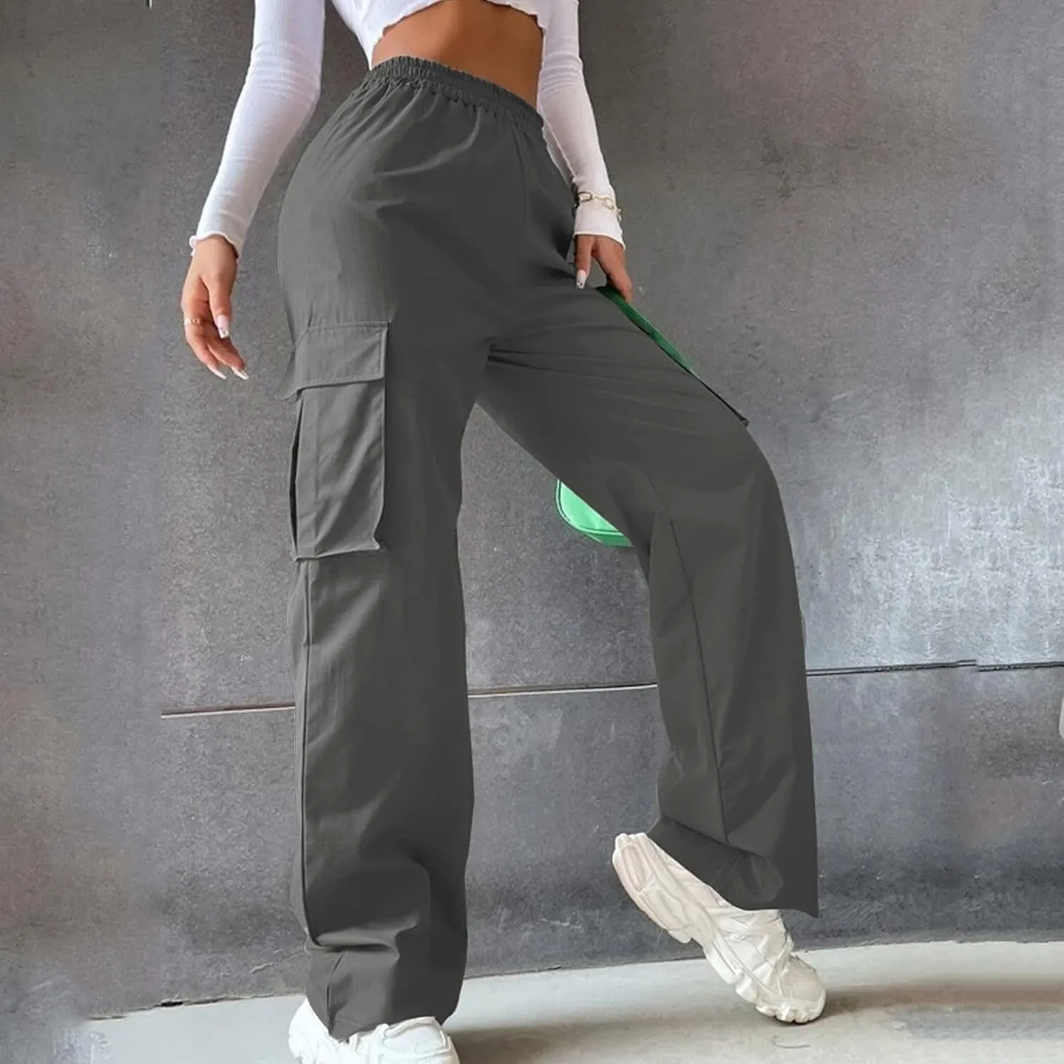 Cargo Pants for Women Elastic High Waist Casual Hiking Pants Wide Leg Baggy Stretchy Y2K Work Trousers with Pockets