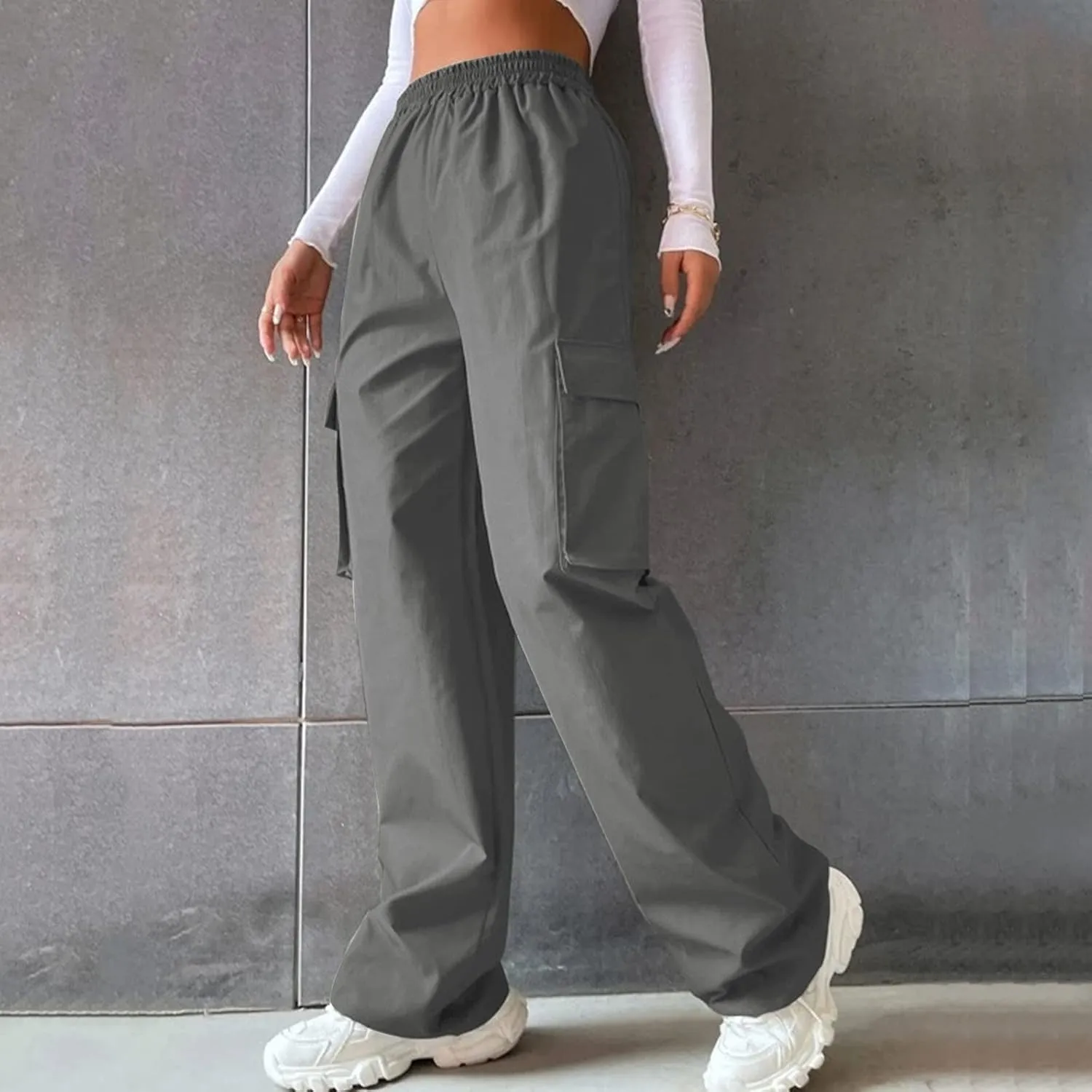 Cargo Pants for Women Elastic High Waist Casual Hiking Pants Wide Leg Baggy Stretchy Y2K Work Trousers with Pockets