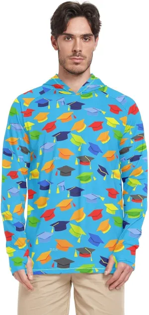 Cartoon Color Mortarboard Hat Sun Shirt Hoodie For Men Long Sleeve UPF 50   Sun Shirt With Hood Quick-Dry Rash Guard UV Shirts Sunproof Shirts enguatada de hombre para la playa