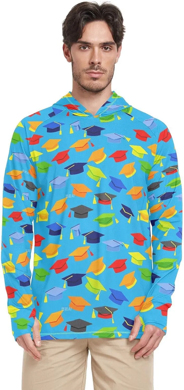 Cartoon Color Mortarboard Hat Sun Shirt Hoodie For Men Long Sleeve UPF 50   Sun Shirt With Hood Quick-Dry Rash Guard UV Shirts Sunproof Shirts enguatada de hombre para la playa