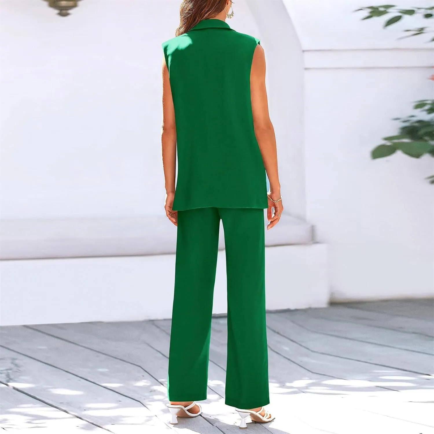 Casual Business Outfits For Women 2 Piece Sets Sleeveless Suit Vest And Wide Leg Pants Trendy Summer Blazer Sets