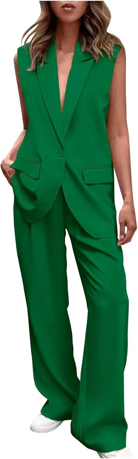 Casual Business Outfits For Women 2 Piece Sets Sleeveless Suit Vest And Wide Leg Pants Trendy Summer Blazer Sets