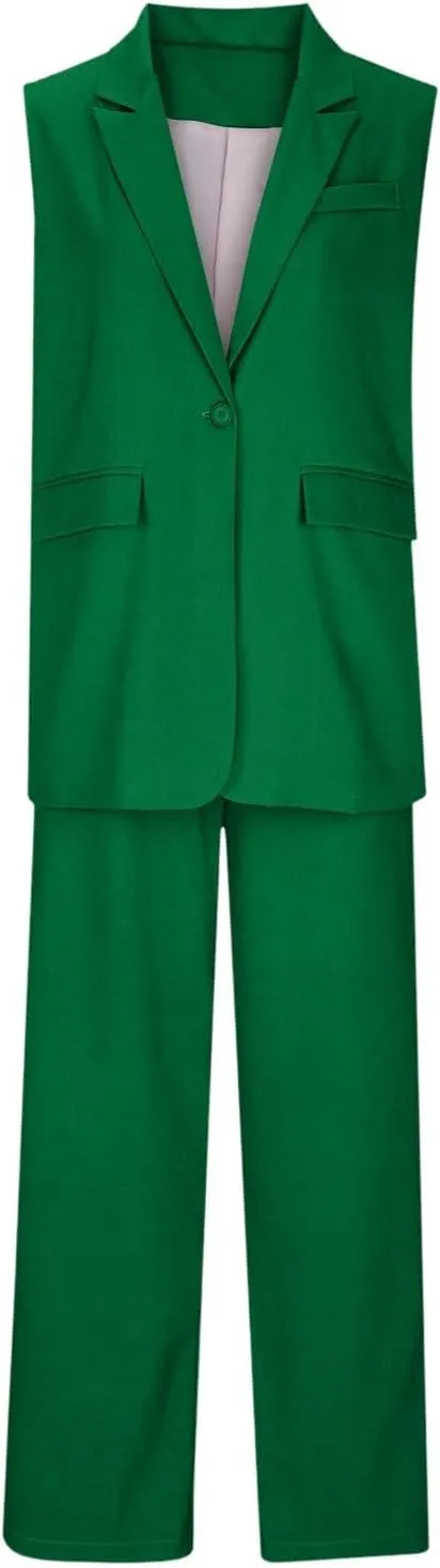 Casual Business Outfits For Women 2 Piece Sets Sleeveless Suit Vest And Wide Leg Pants Trendy Summer Blazer Sets