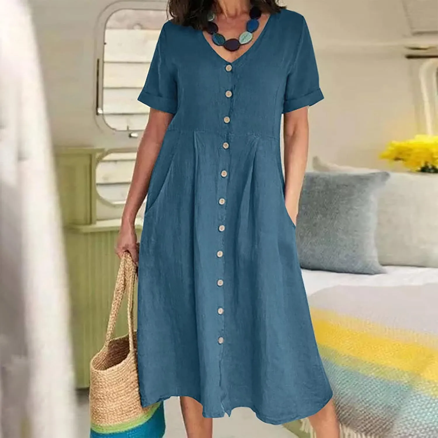 Casual Summer Dresses for Women Summer Loose Plus Size Button Linen Tee Shirt Solid Short Sleeve Dress with Pockets