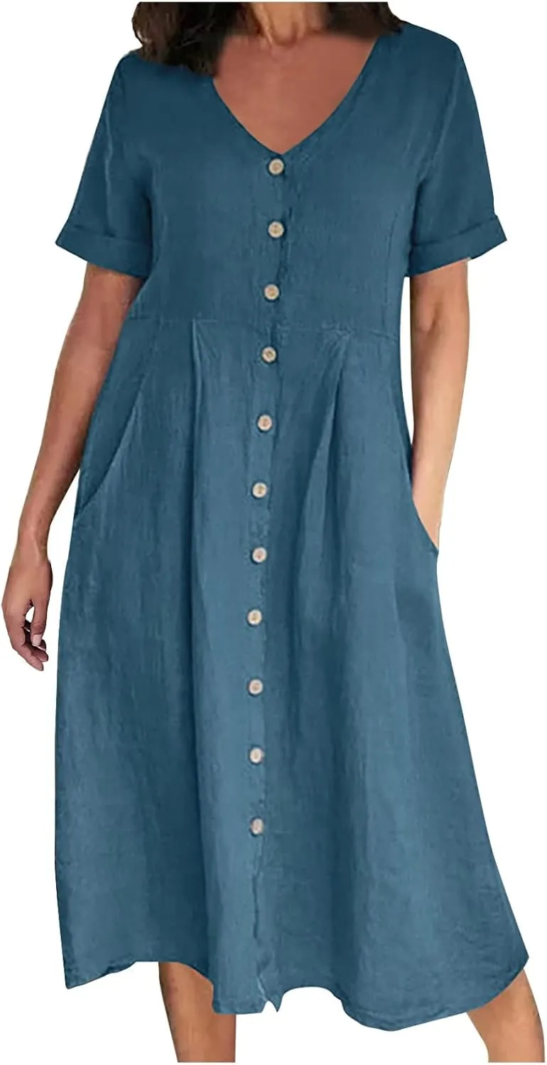 Casual Summer Dresses for Women Summer Loose Plus Size Button Linen Tee Shirt Solid Short Sleeve Dress with Pockets