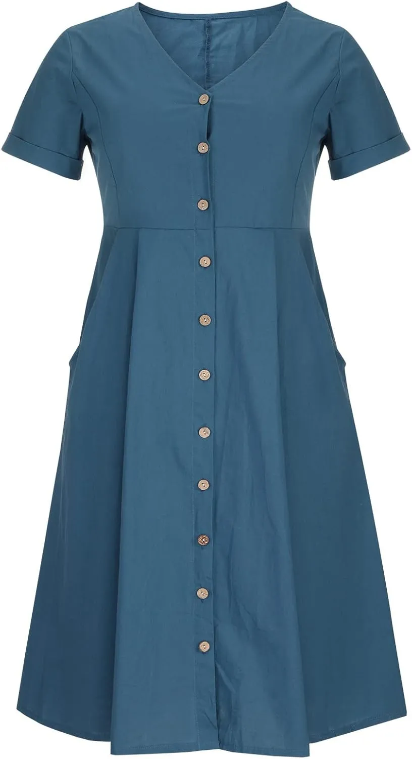 Casual Summer Dresses for Women Summer Loose Plus Size Button Linen Tee Shirt Solid Short Sleeve Dress with Pockets