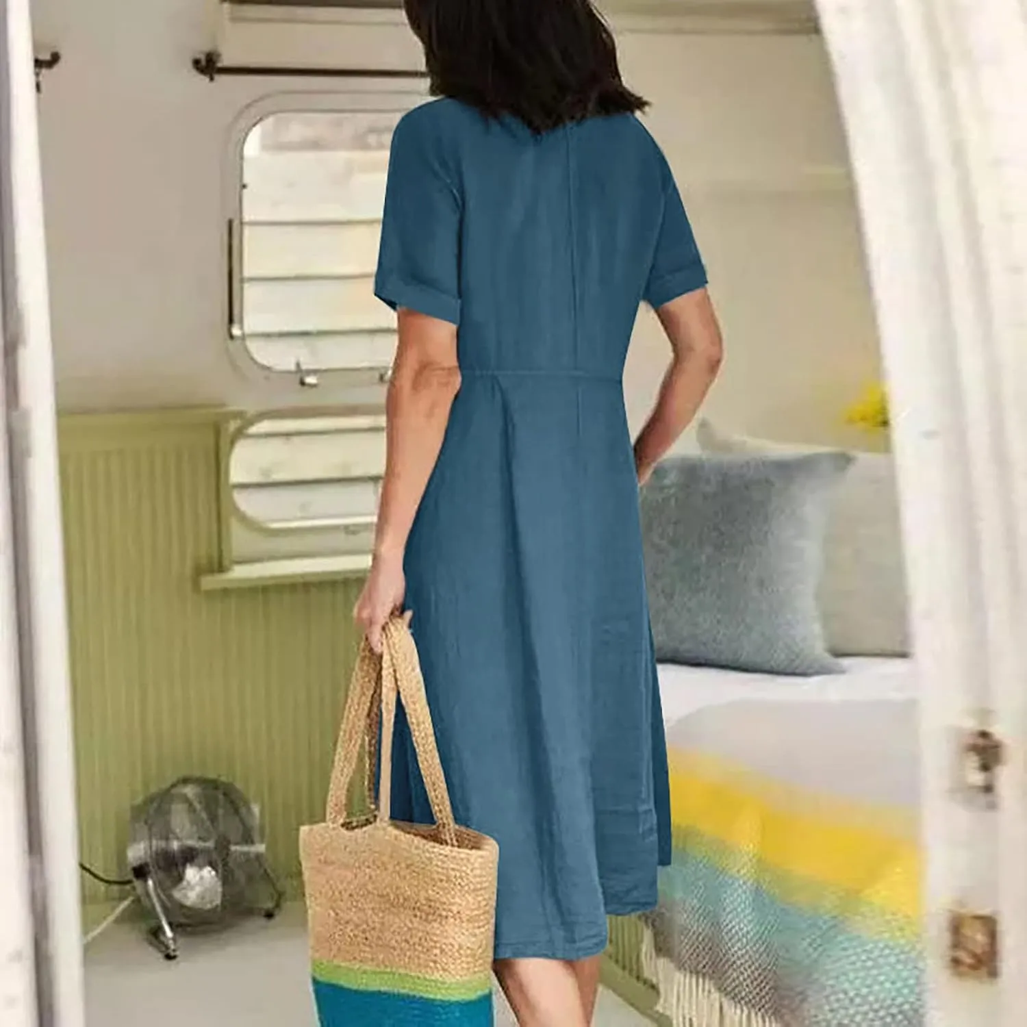 Casual Summer Dresses for Women Summer Loose Plus Size Button Linen Tee Shirt Solid Short Sleeve Dress with Pockets