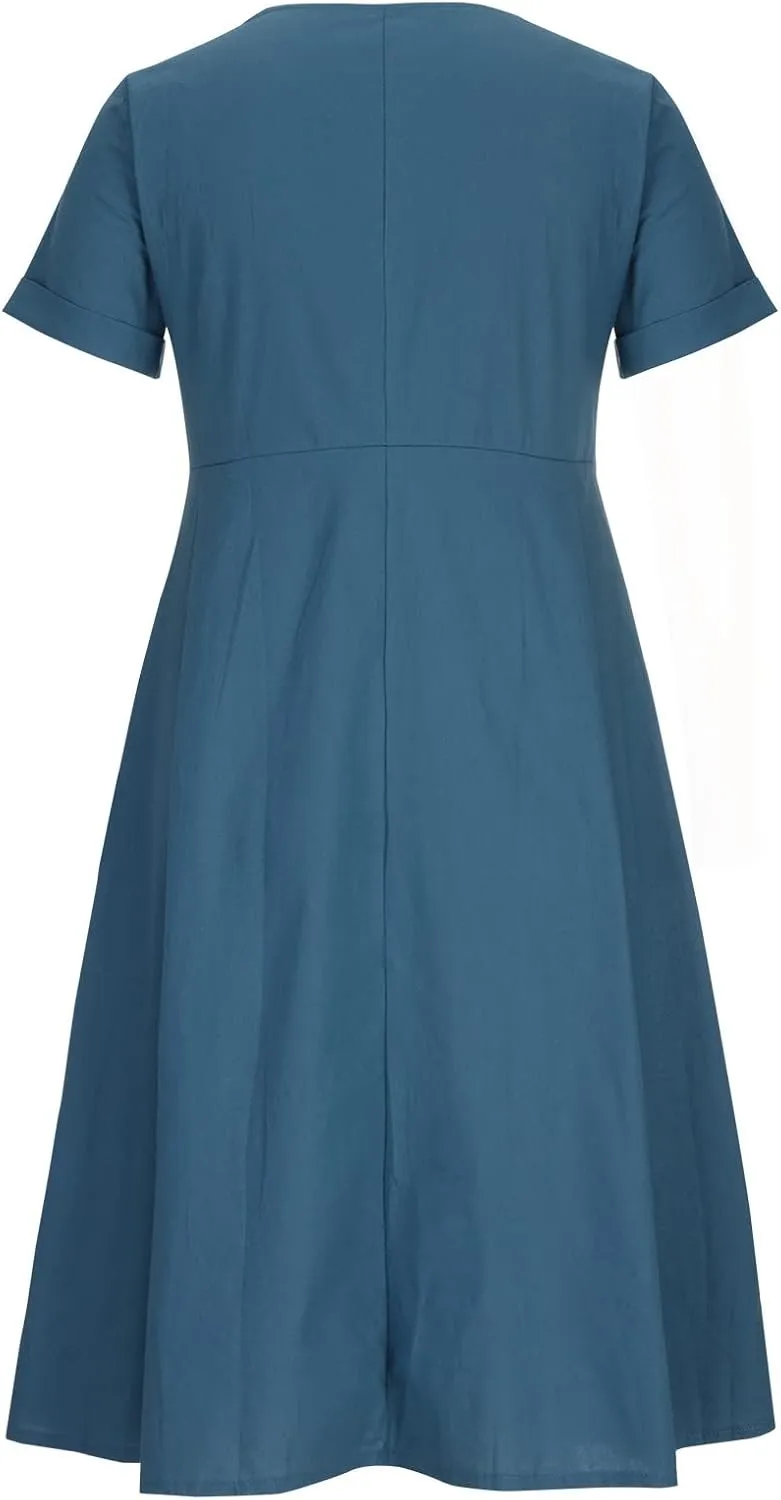 Casual Summer Dresses for Women Summer Loose Plus Size Button Linen Tee Shirt Solid Short Sleeve Dress with Pockets