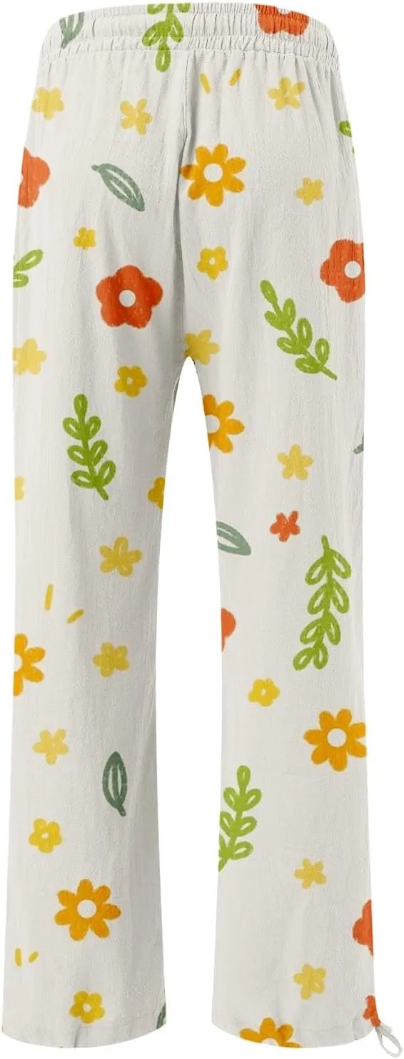 Casual Vintage Paisley Smocked Waist Trousers Womens Cotton Casual Loose Pants Comfy Work Pants with Pockets Elastic