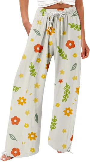 Casual Vintage Paisley Smocked Waist Trousers Womens Cotton Casual Loose Pants Comfy Work Pants with Pockets Elastic