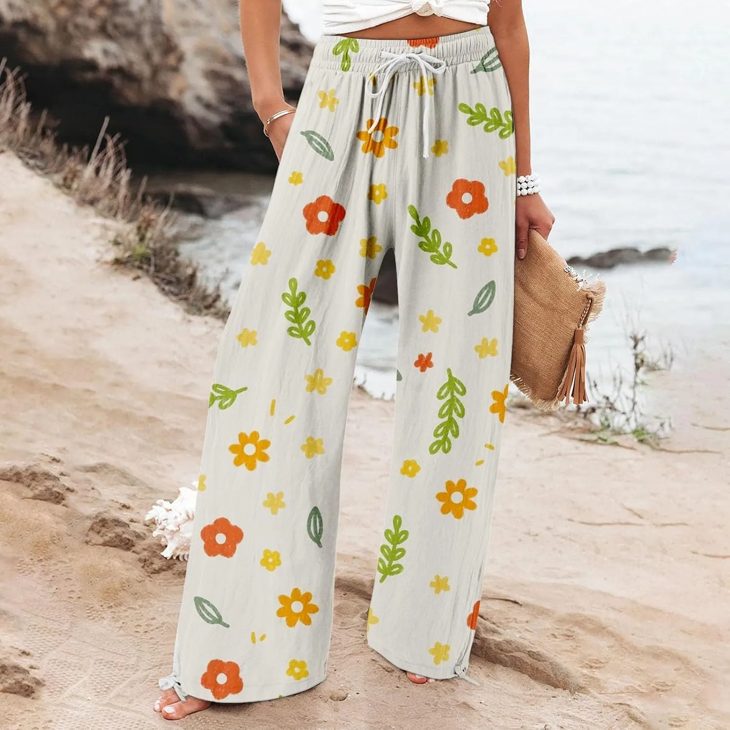Casual Vintage Paisley Smocked Waist Trousers Womens Cotton Casual Loose Pants Comfy Work Pants with Pockets Elastic