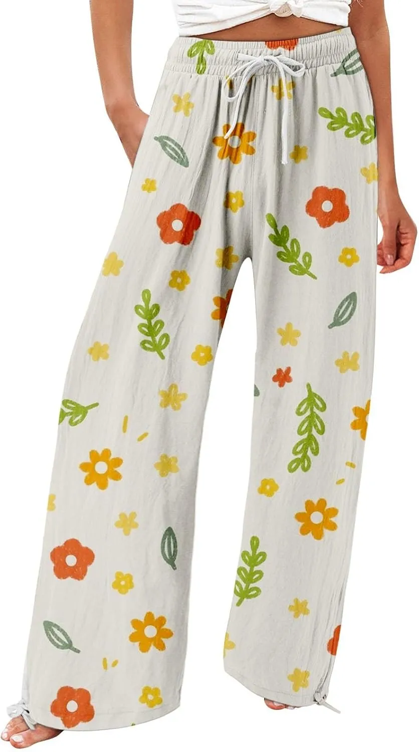 Casual Vintage Paisley Smocked Waist Trousers Womens Cotton Casual Loose Pants Comfy Work Pants with Pockets Elastic