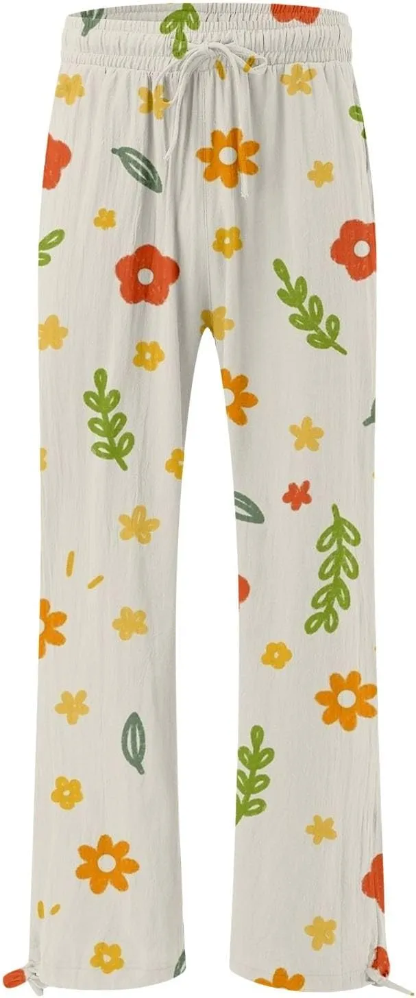 Casual Vintage Paisley Smocked Waist Trousers Womens Cotton Casual Loose Pants Comfy Work Pants with Pockets Elastic