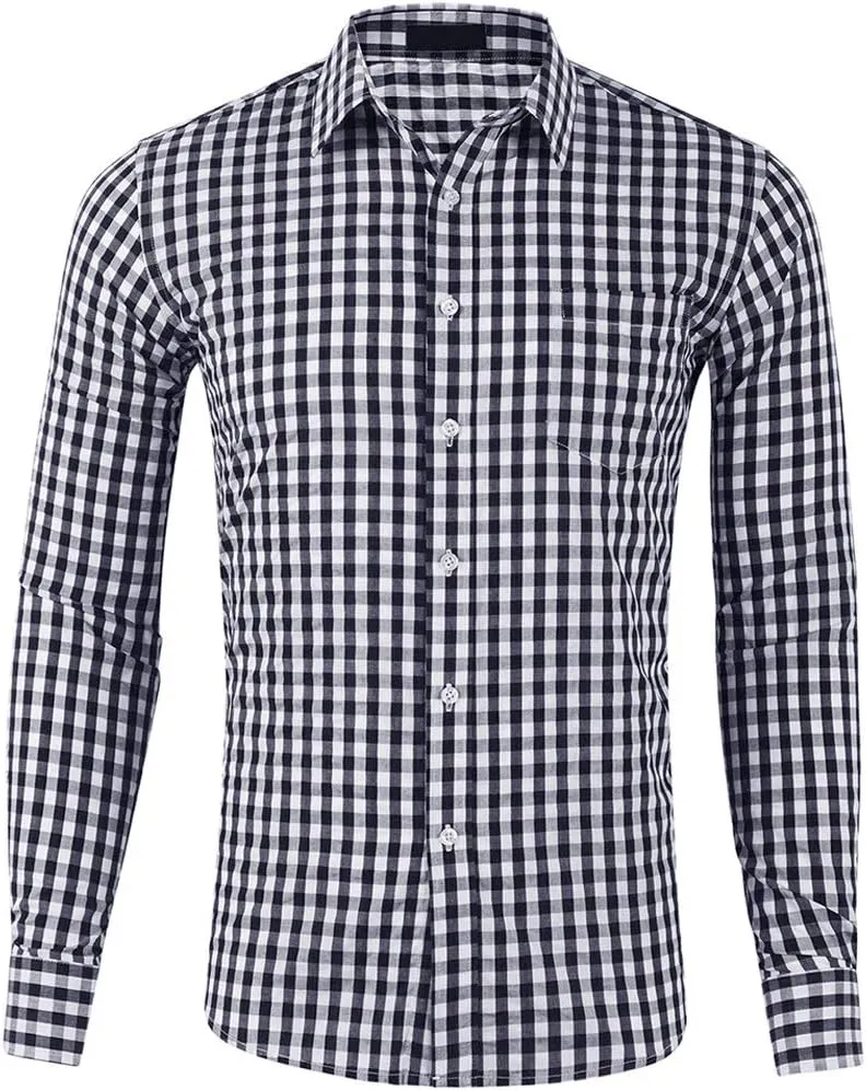 CATERTO Men Plaid Cotton Casual Slim Fit Long Sleeve Button Down Dress Shirts