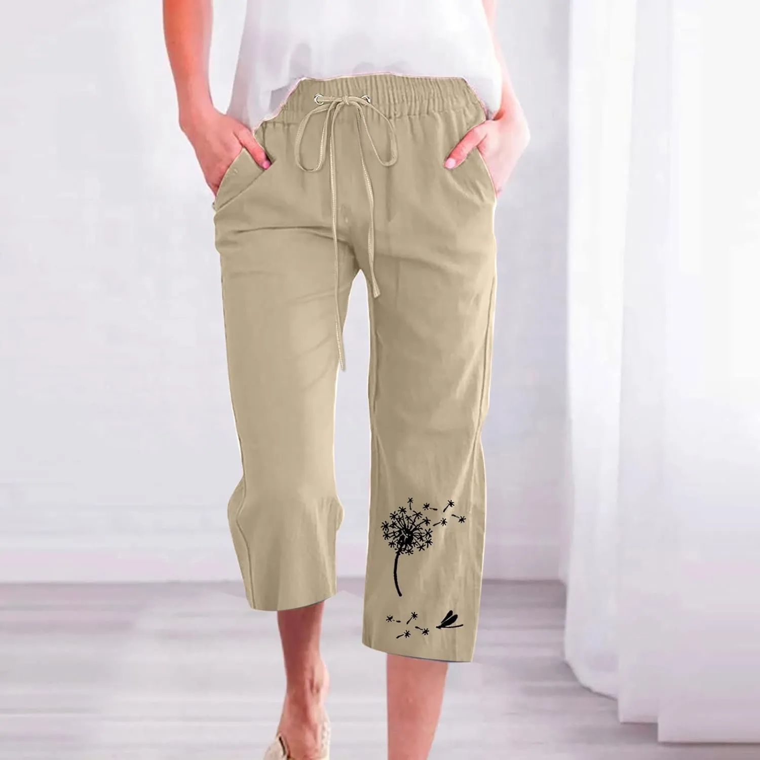 Ceboyel Women Linen Summer Pants Dandelion Pattern Capri Pants Drawstring Cropped Pants High Waist Beach Trouser 2023
