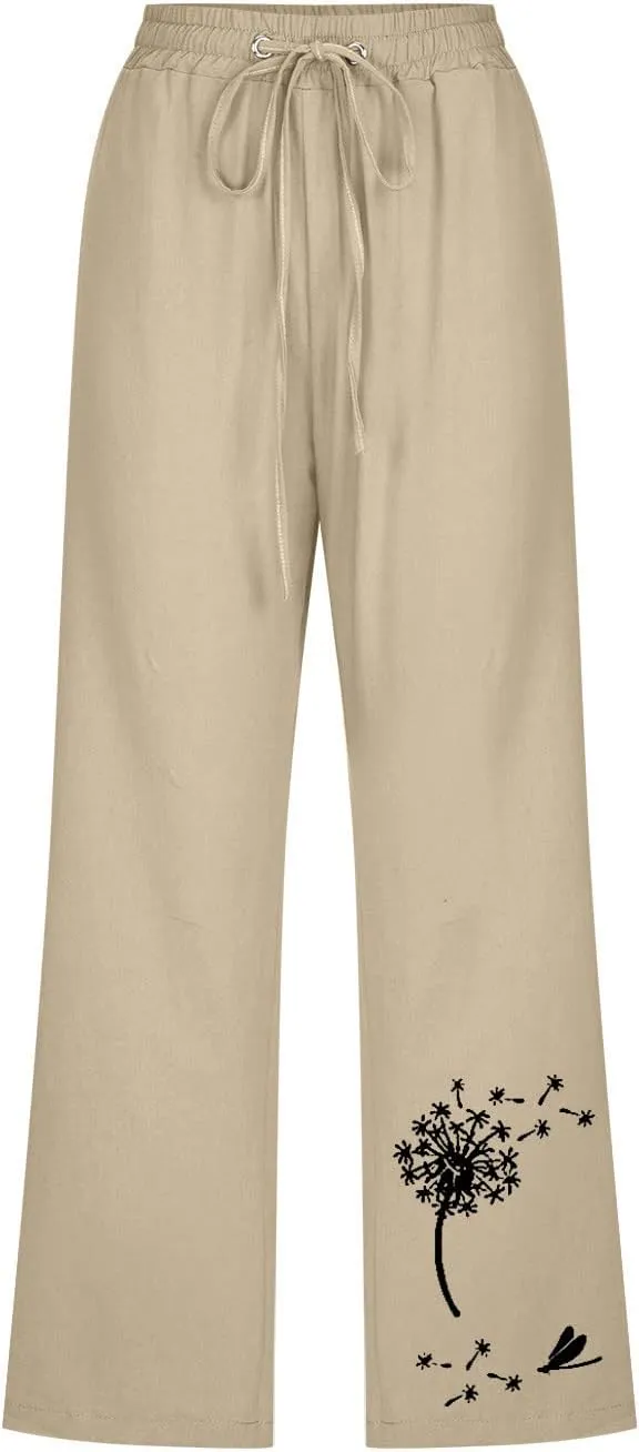 Ceboyel Women Linen Summer Pants Dandelion Pattern Capri Pants Drawstring Cropped Pants High Waist Beach Trouser 2023