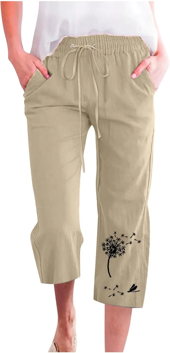 Ceboyel Women Linen Summer Pants Dandelion Pattern Capri Pants Drawstring Cropped Pants High Waist Beach Trouser 2023