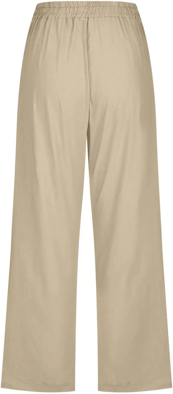Ceboyel Women Linen Summer Pants Dandelion Pattern Capri Pants Drawstring Cropped Pants High Waist Beach Trouser 2023
