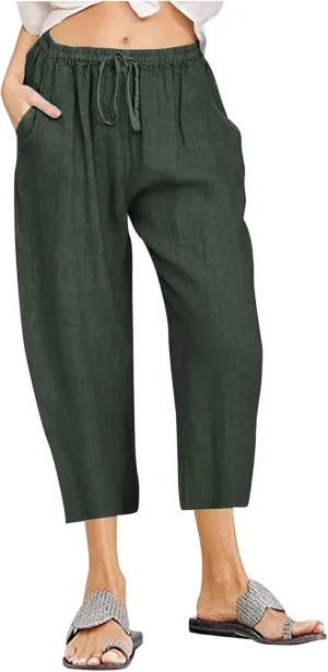 Ceboyel Women Summer Causal Linen Pants Drawstring Wide Leg Trousers Ankle Length Beach Pants Straight Leg Cropped Pants