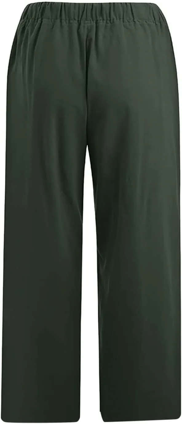 Ceboyel Women Summer Causal Linen Pants Drawstring Wide Leg Trousers Ankle Length Beach Pants Straight Leg Cropped Pants