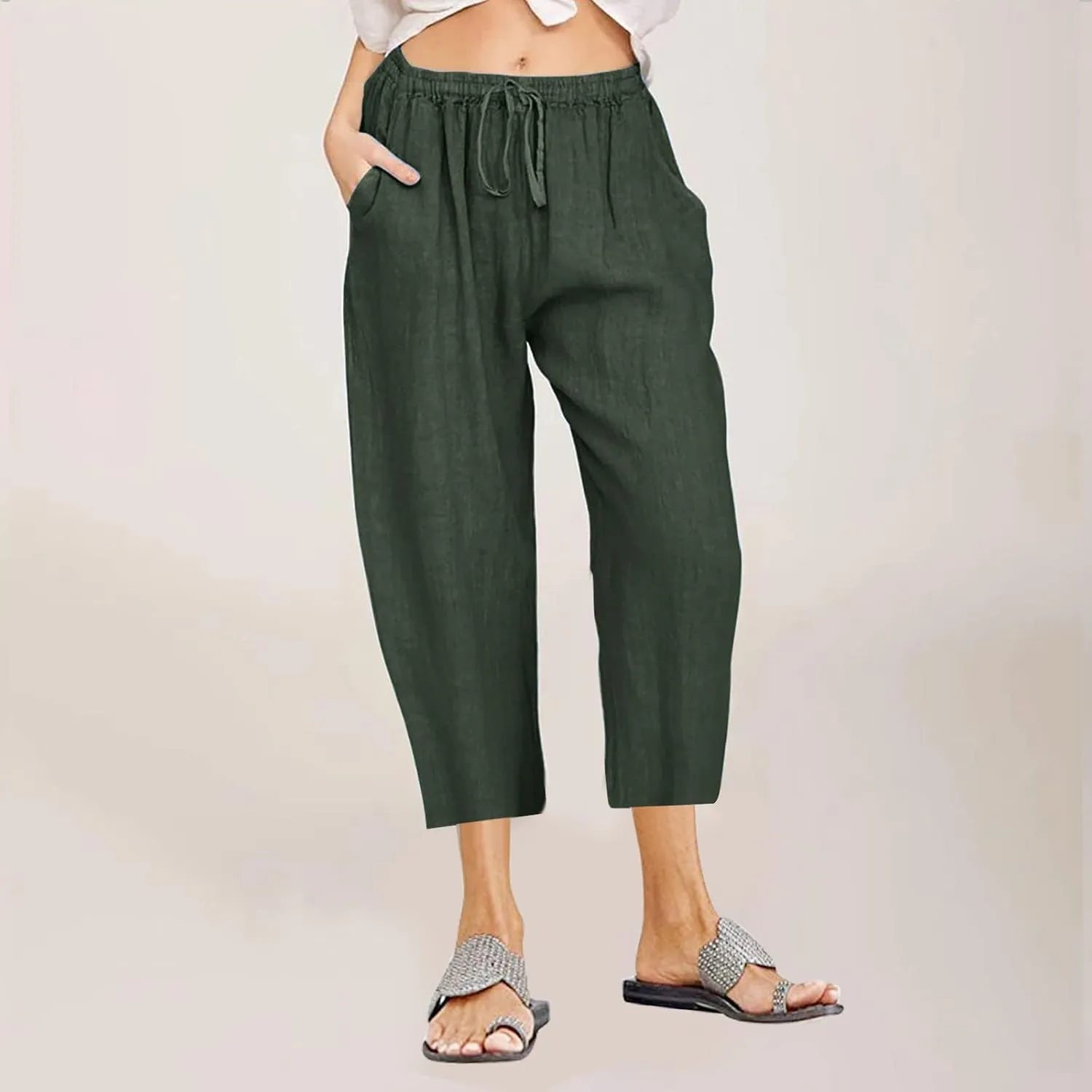 Ceboyel Women Summer Causal Linen Pants Drawstring Wide Leg Trousers Ankle Length Beach Pants Straight Leg Cropped Pants