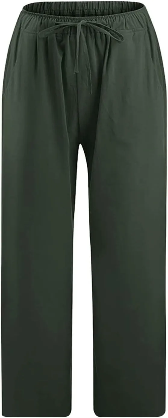 Ceboyel Women Summer Causal Linen Pants Drawstring Wide Leg Trousers Ankle Length Beach Pants Straight Leg Cropped Pants