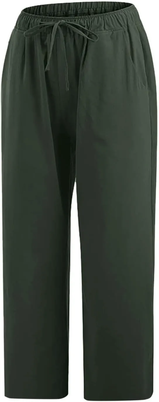 Ceboyel Women Summer Causal Linen Pants Drawstring Wide Leg Trousers Ankle Length Beach Pants Straight Leg Cropped Pants