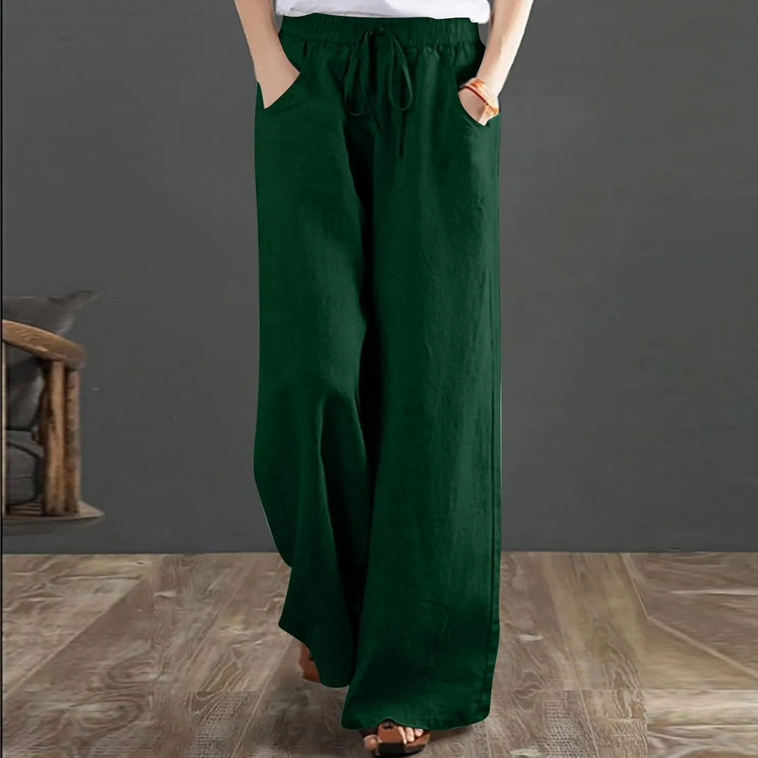 Ceboyel Women Wide Leg Palazzo Pants Cotton Linen Casual Flowy Trousers Drawstring Gaucho Pant Boho Summer Beach Clothes 2023