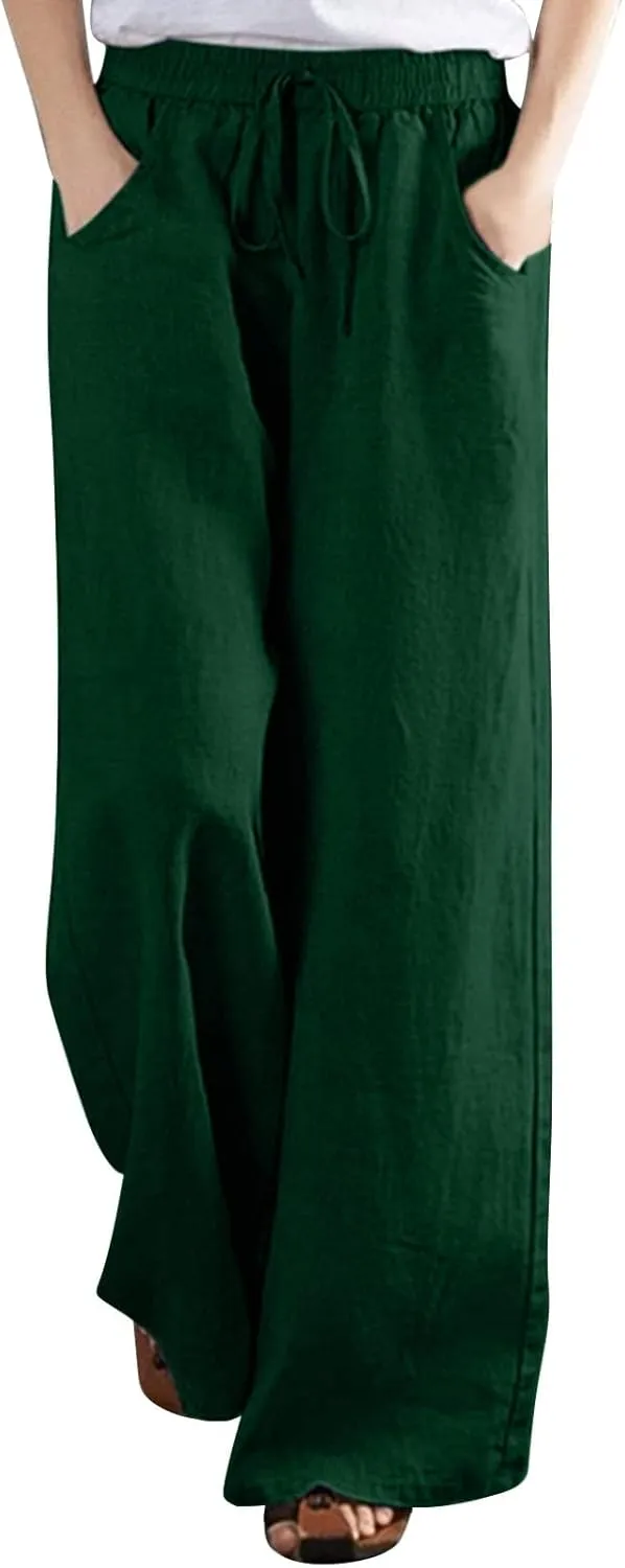 Ceboyel Women Wide Leg Palazzo Pants Cotton Linen Casual Flowy Trousers Drawstring Gaucho Pant Boho Summer Beach Clothes 2023