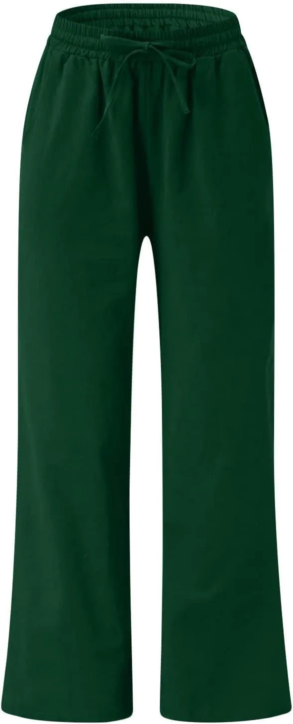 Ceboyel Women Wide Leg Palazzo Pants Cotton Linen Casual Flowy Trousers Drawstring Gaucho Pant Boho Summer Beach Clothes 2023