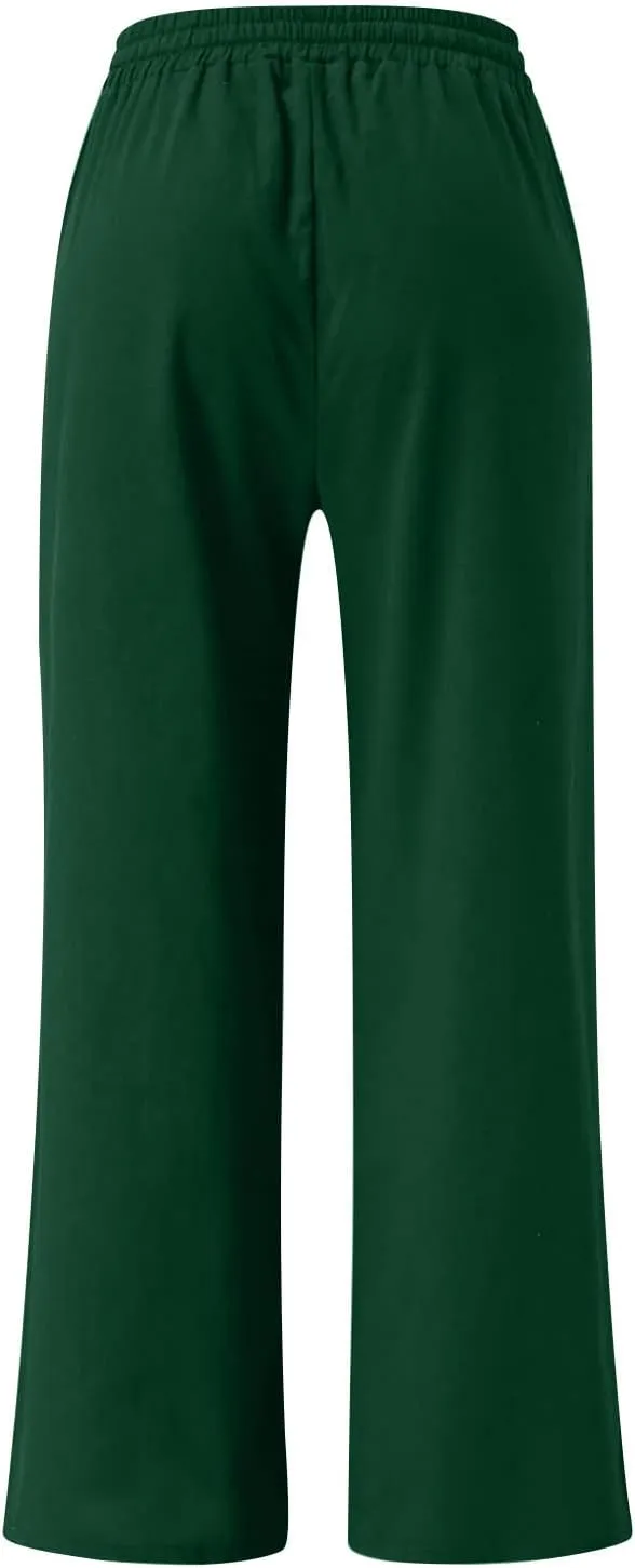 Ceboyel Women Wide Leg Palazzo Pants Cotton Linen Casual Flowy Trousers Drawstring Gaucho Pant Boho Summer Beach Clothes 2023