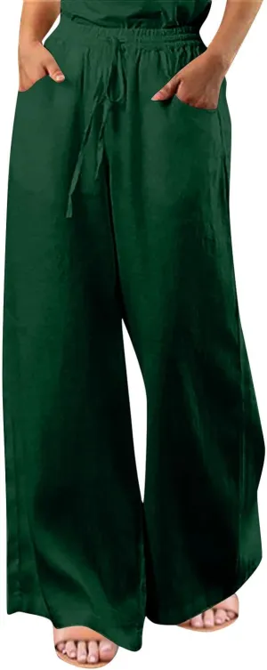 Ceboyel Women Wide Leg Palazzo Pants Cotton Linen Casual Flowy Trousers Drawstring Gaucho Pant Boho Summer Beach Clothes 2023