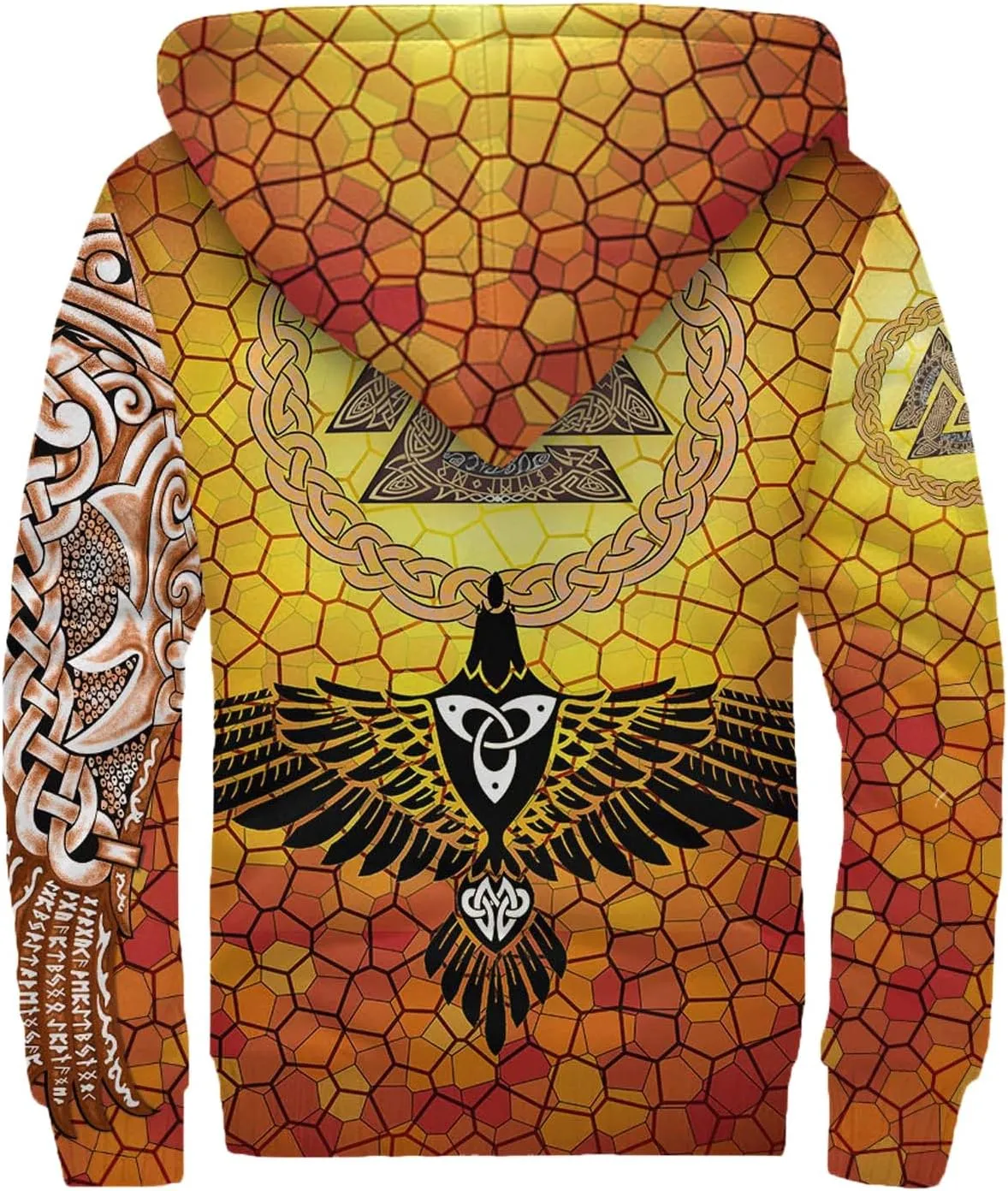 Celtic Knot 3D Print Nordic Clothing Outerwear, Viking Ravens Mens Winter Warm Outdoor Hoodies, Medieval Hammer Jacket