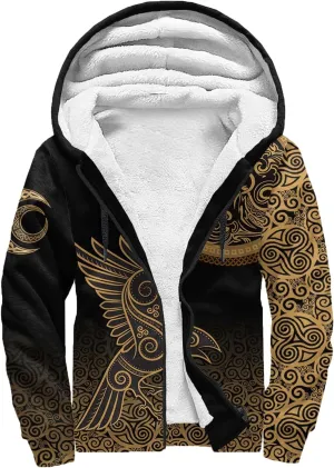 Celtic Knot 3D Print Nordic Clothing Outerwear, Viking Ravens Mens Winter Warm Outdoor Hoodies, Medieval Hammer Jacket