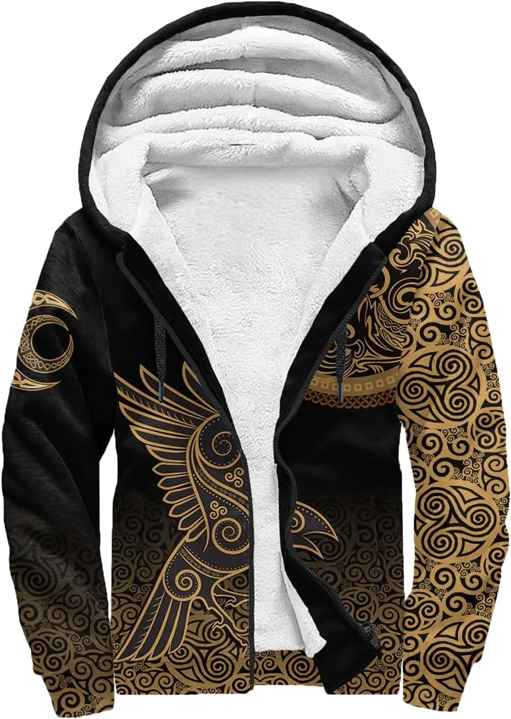 Celtic Knot 3D Print Nordic Clothing Outerwear, Viking Ravens Mens Winter Warm Outdoor Hoodies, Medieval Hammer Jacket