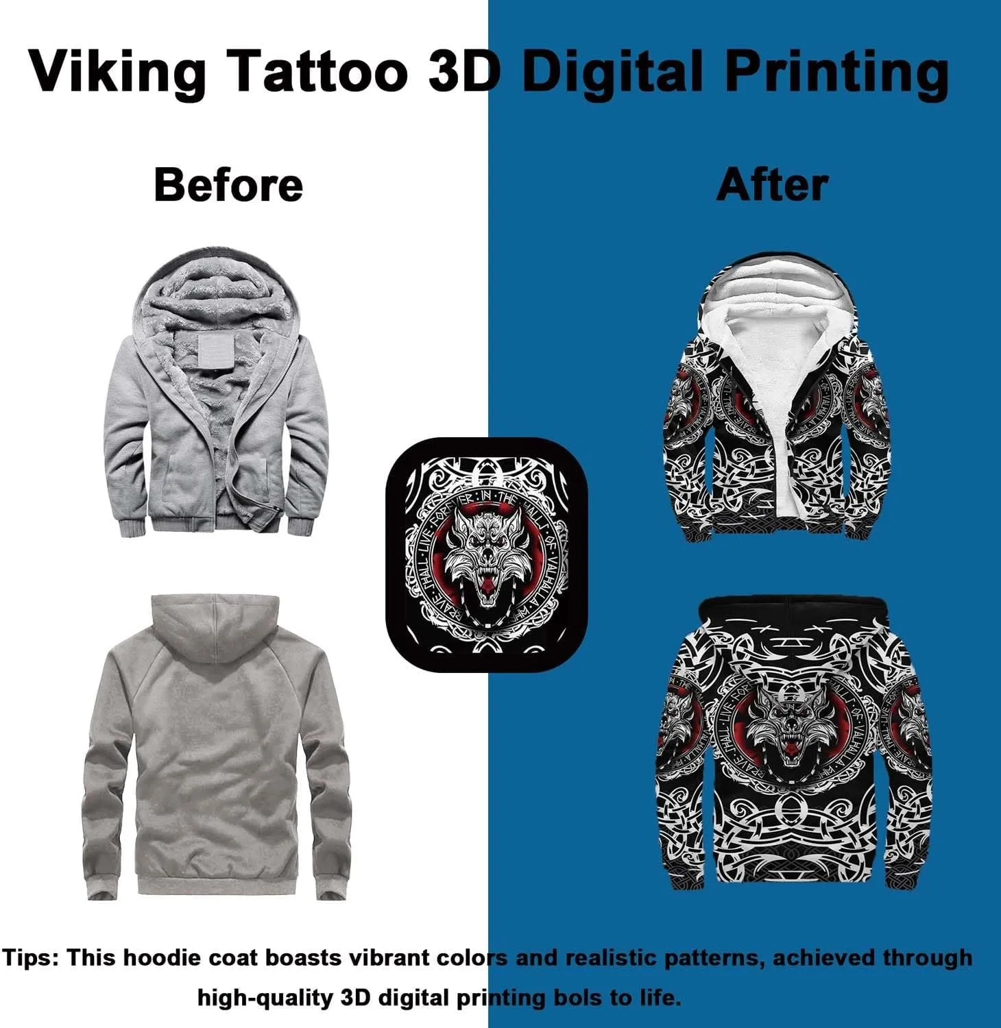 Celtic Knot 3D Print Nordic Clothing Outerwear, Viking Ravens Mens Winter Warm Outdoor Hoodies, Medieval Hammer Jacket