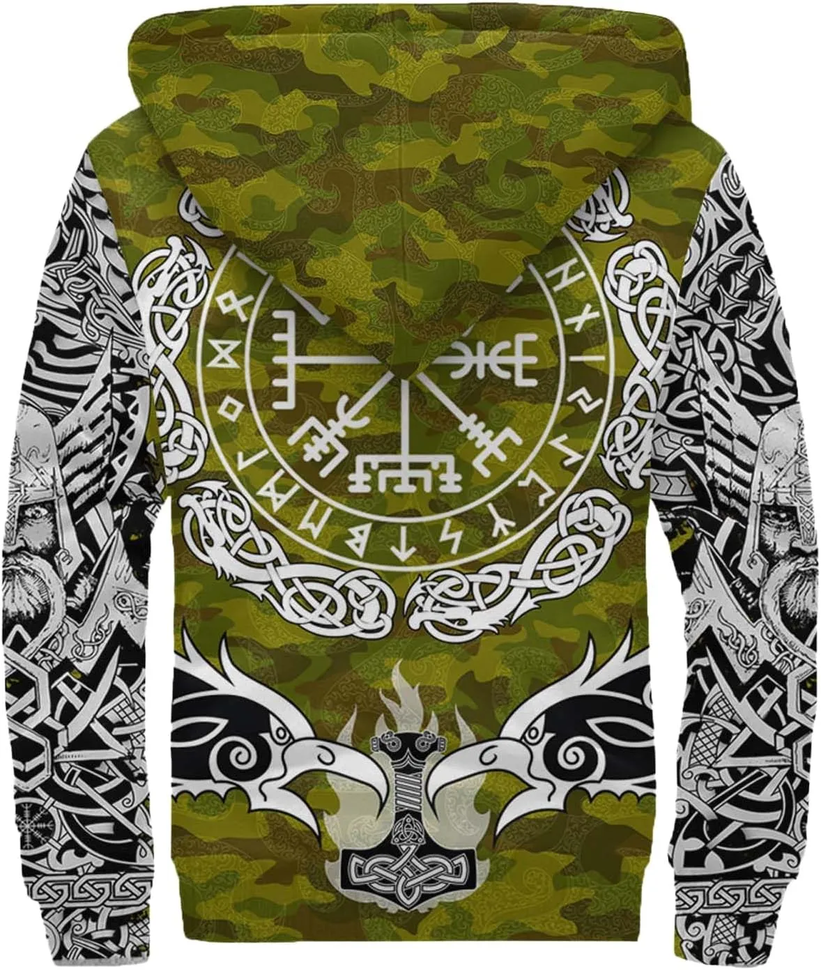 Celtic Knot 3D Print Nordic Clothing Outerwear, Viking Ravens Mens Winter Warm Outdoor Hoodies, Medieval Hammer Jacket