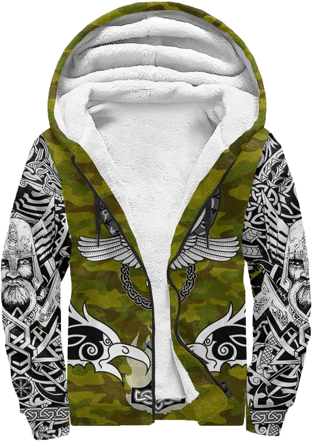 Celtic Knot 3D Print Nordic Clothing Outerwear, Viking Ravens Mens Winter Warm Outdoor Hoodies, Medieval Hammer Jacket