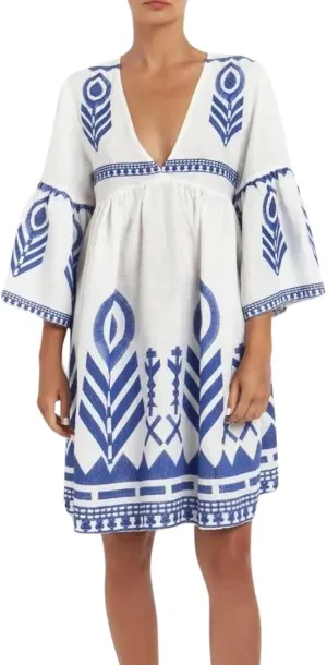 CHARTOU Women's V Neck Ruffle 3/4 Sleeve Babydoll Mini Dress Boho Beach Floral Summer Dress