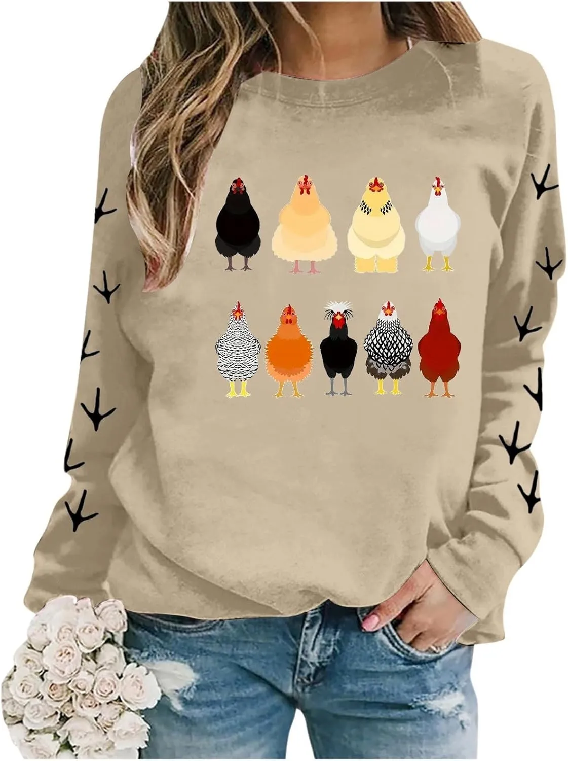 Chicken Mom Sweatshirt for Women Cute Funny Graphic Print Long Sleeve Shirts Farm Fall Crewneck Pullover Tops