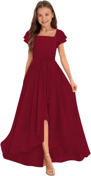 Chiffon Junior Bridesmaid Dress High-Low Long Flower Girl Dress for Wedding Formal Special Occasion Gowns for Kids