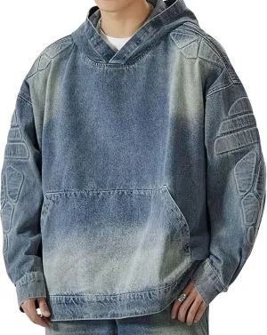 chouyatou Men's Vintage Denim Pullover Hoodie Jacket Distressed Hooded Oversized Jean Jacket Sweatshirt Tops