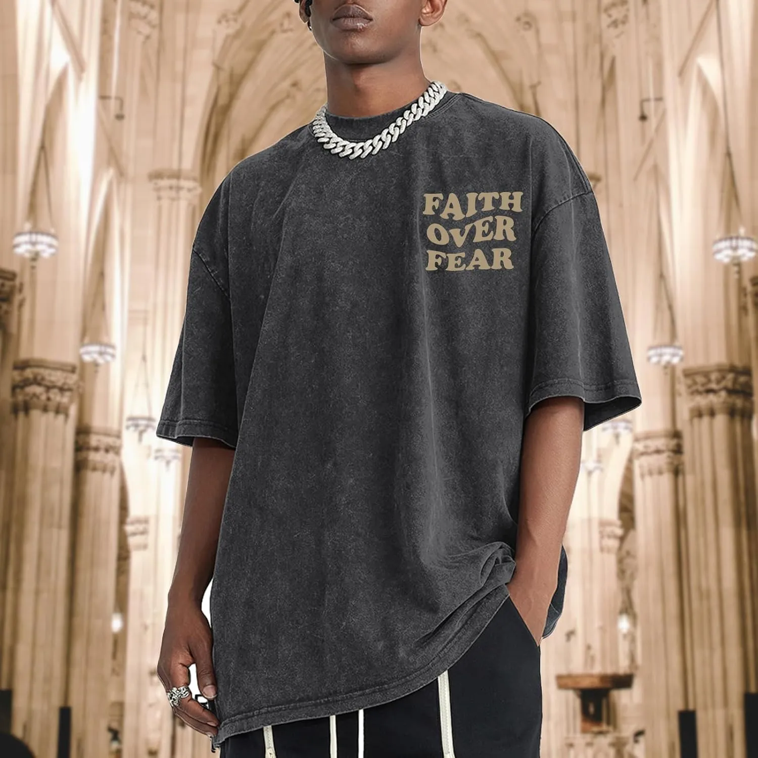 Christian Shirts for Men Faith Over Fear Oversized Shirt Acid Wash Tshirt Graphic Religious T Shirt Bible Verse Tees
