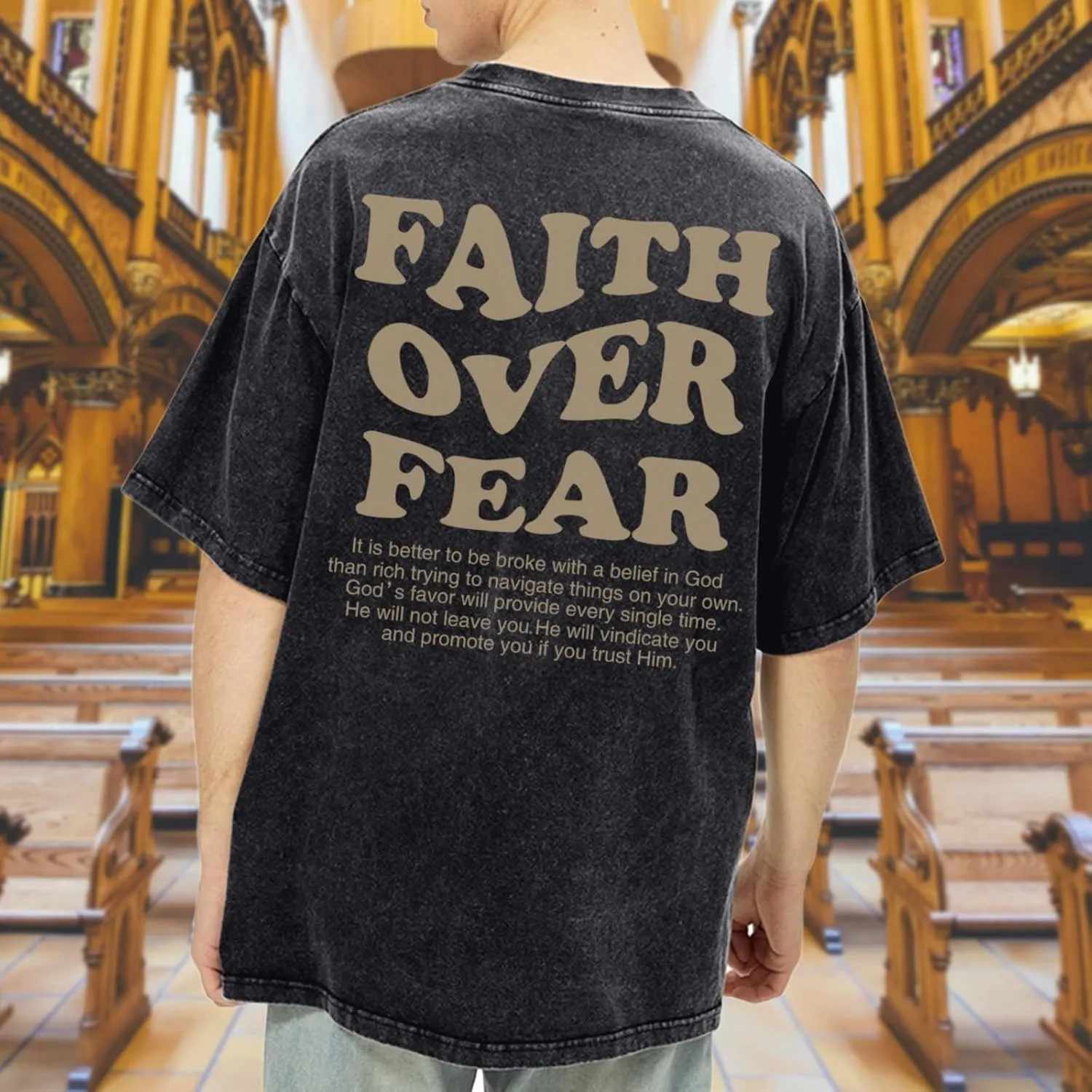 Christian Shirts for Men Faith Over Fear Oversized Shirt Acid Wash Tshirt Graphic Religious T Shirt Bible Verse Tees