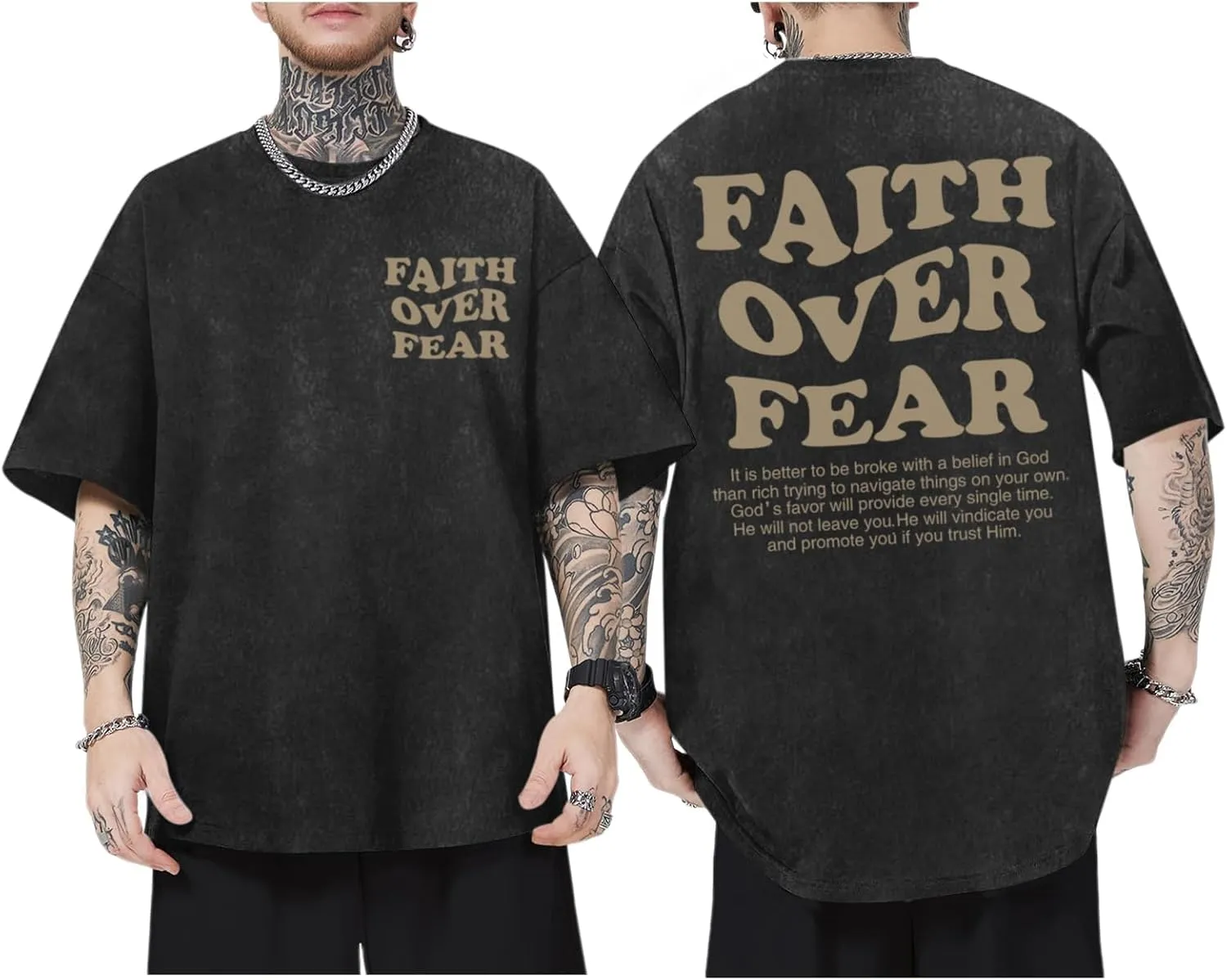 Christian Shirts for Men Faith Over Fear Oversized Shirt Acid Wash Tshirt Graphic Religious T Shirt Bible Verse Tees